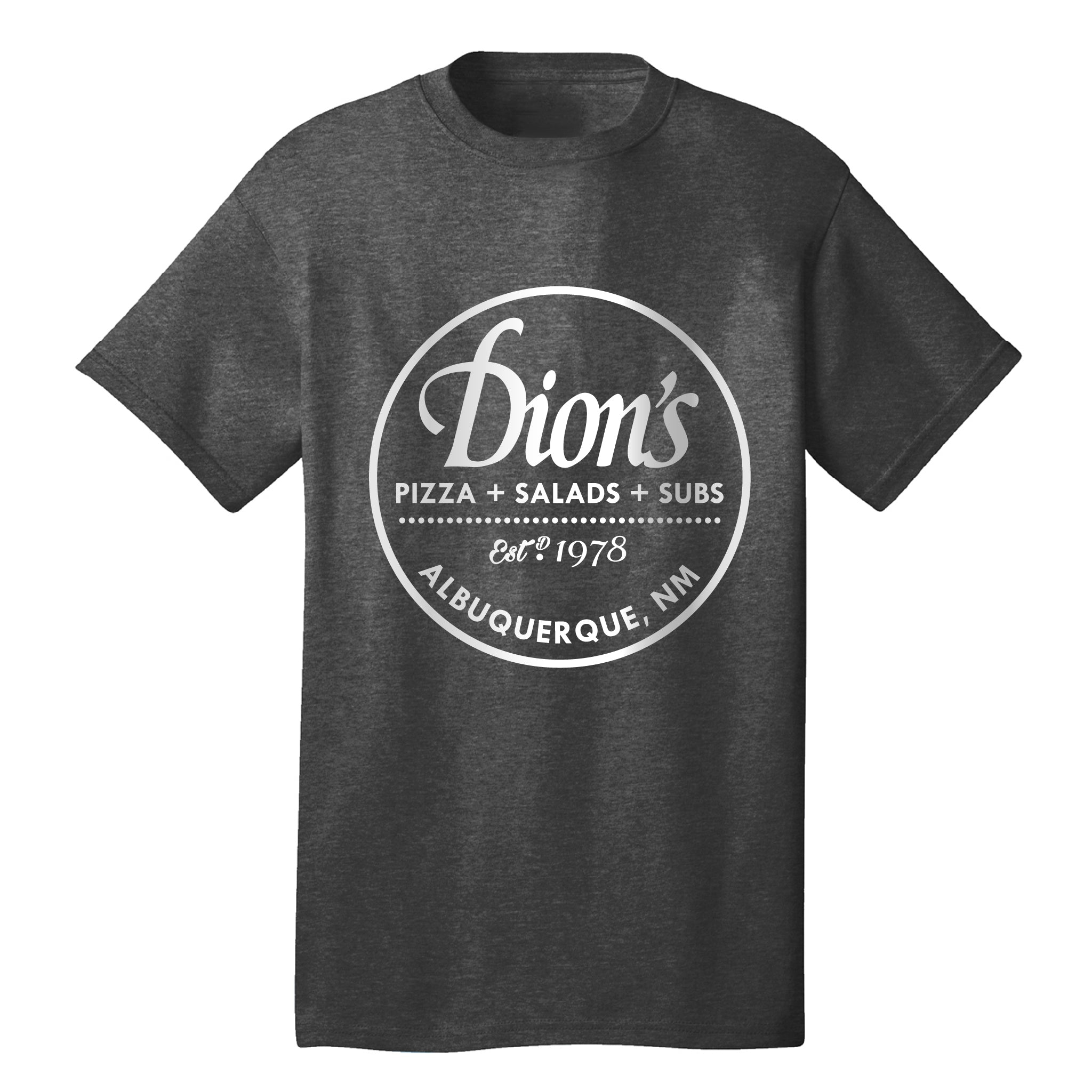 The Est. 1978 Tee from Dion's Fan Shop is a vintage gray premium shirt featuring a circular white Dion's Pizza + Salads + Subs logo and "Est. 1978, Albuquerque, NM.