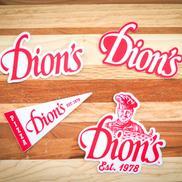 Dion's Ultimate Sticker Pack from Dion's Fan Shop features four red and white pizza-themed laptop stickers—two logos, a pizza slice, and a chef illustration—ideal for customizing your sticker collection or water bottle.