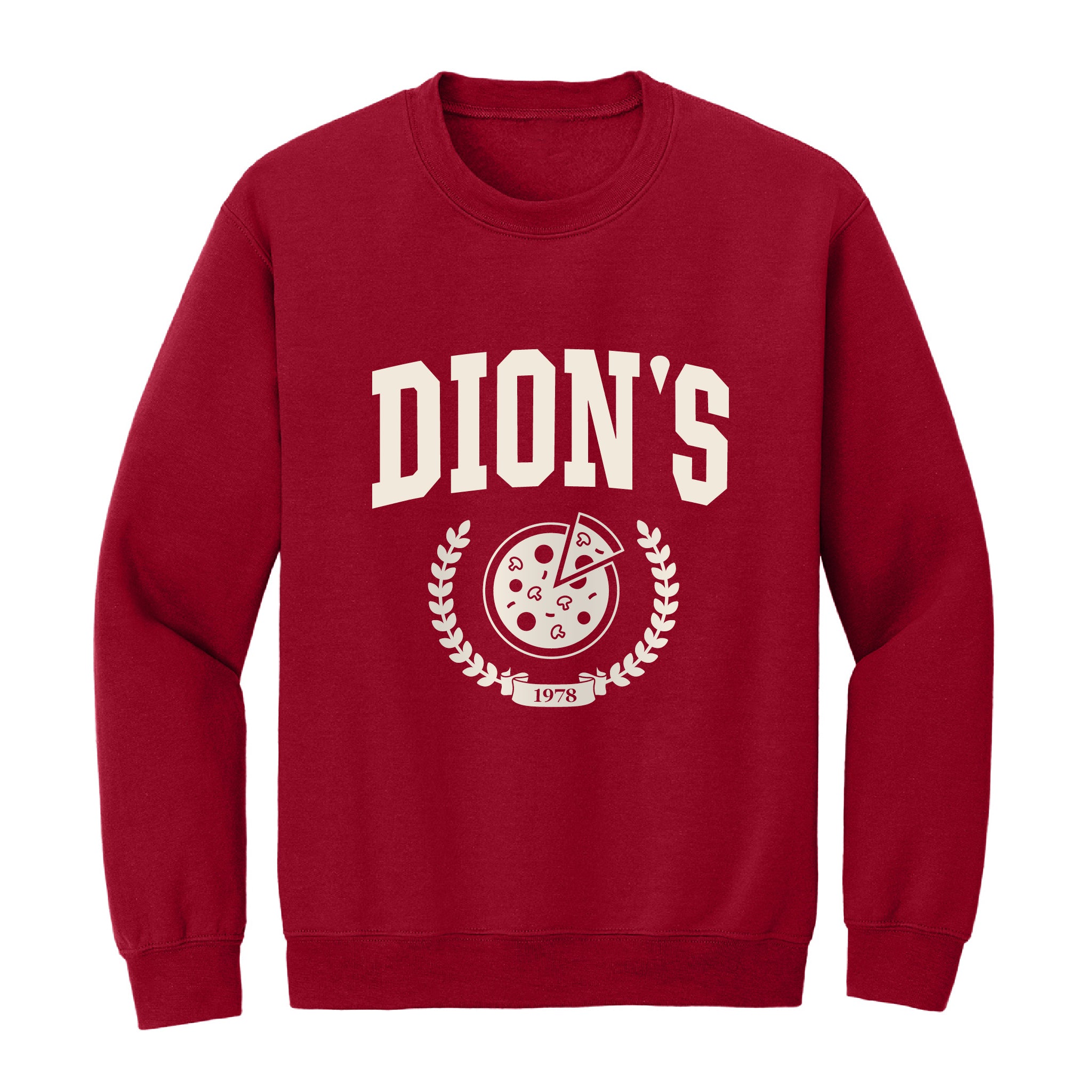 Show off your Dion’s pride with the Collegiate Crewneck from Dion's Fan Shop—red, featuring “DION’S” above a pizza graphic and “1978” in a laurel wreath—ideal for fans or campus style.