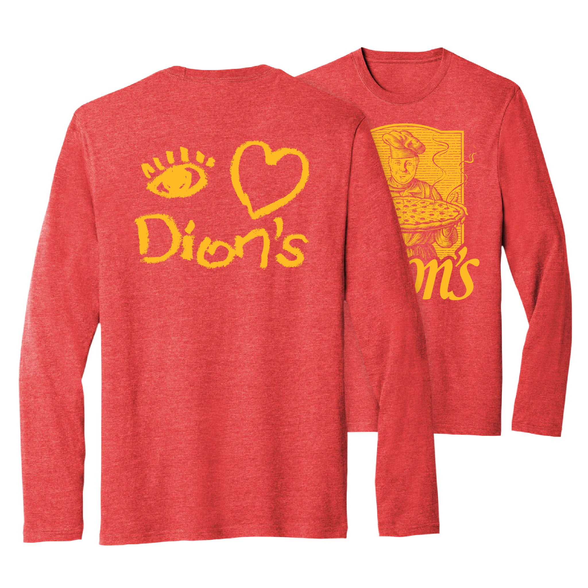 The Tour - Long Sleeve Tee from Dion's Fan Shop features vintage red style, yellow chef and pizza graphics on front, and “I love Dion's” with heart and pizza on back—perfect as a fun field trip shirt.
