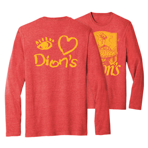 The Tour - Long Sleeve Tee from Dion's Fan Shop features vintage red style, yellow chef and pizza graphics on front, and “I love Dion's” with heart and pizza on back—perfect as a fun field trip shirt.