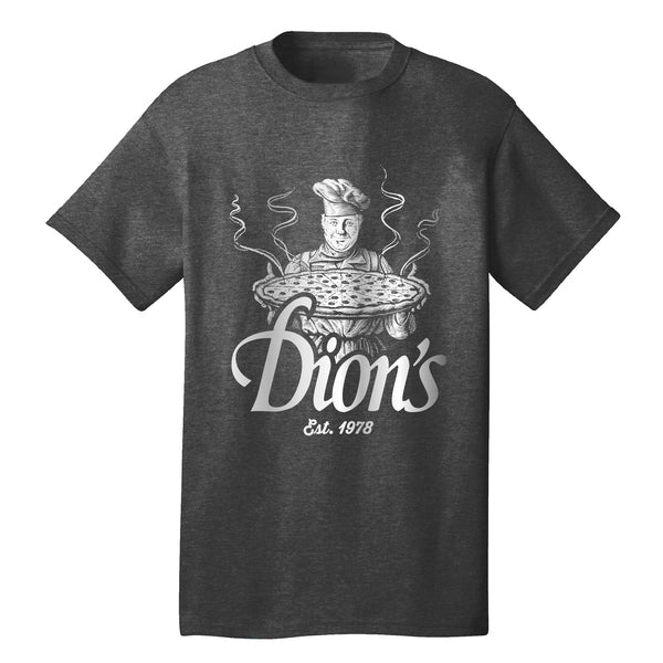 The Dion's Fan Shop Pizza Man Tee is a vintage gray premium shirt with a chef holding a pizza above "Dion's Est. 1978" in white—ideal for any Dion's Pizza fan.