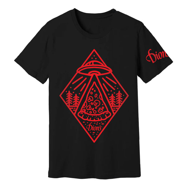 The Roswell Tee from Dion's Fan Shop features a red UFO beaming up pizza amid trees, with “Dion’s” on the sleeve and bottom—an out-of-this-world pick for fans of Roswell, New Mexico and cosmic cravings.
