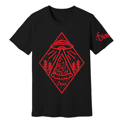 The Roswell Tee from Dion's Fan Shop features a red UFO beaming up pizza amid trees, with “Dion’s” on the sleeve and bottom—an out-of-this-world pick for fans of Roswell, New Mexico and cosmic cravings.