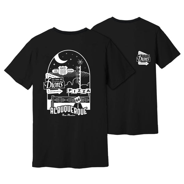The Route 66 Centennial Tee from Dion's Fan Shop features an Albuquerque, New Mexico graphic on the back and a small Dion's logo on the front left chest.