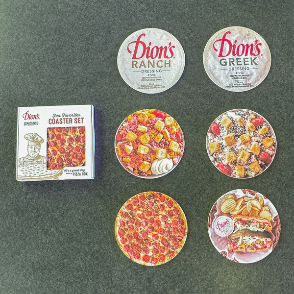 The Dion’s x Seraparito Fan Favorites Coaster Set from Dion’s Fan Shop features iconic labels, pizzas, and a sandwich with chips—absorbent and gift-ready. Displayed beside its packaging on a gray surface.