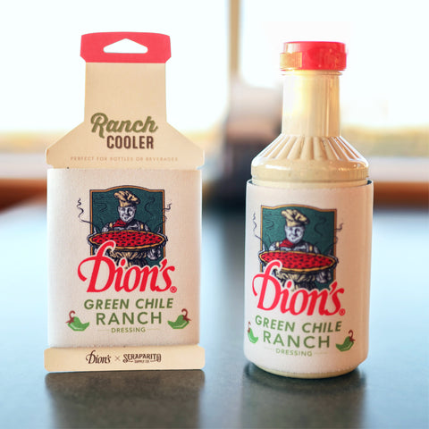 A Dion's X Seraparito Green Chile Ranch Cooler from Dion's Fan Shop, in its packaging, sits ready to keep your favorite ranch and drinks cool while you enjoy bold snacks.
