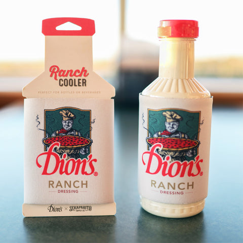 The Dion's X Seraparito Ranch Cooler from Dion's Fan Shop features a limited-edition sleeve with a chef holding pizza beside its packaging—ideal for road trips.