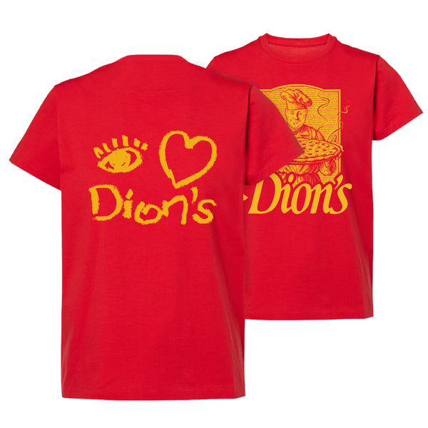 The Tour Tee from Dion's Fan Shop is a classic red shirt with yellow graphics: the front shows the "Dion's" logo and a pizza, while the back has a playful handwritten "eye heart Dion's"—perfect for field trips.