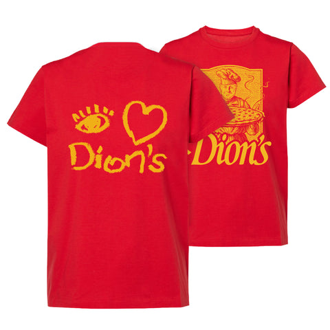 The Tour Tee from Dion's Fan Shop is a classic red shirt with yellow graphics: the front shows the "Dion's" logo and a pizza, while the back has a playful handwritten "eye heart Dion's"—perfect for field trips.