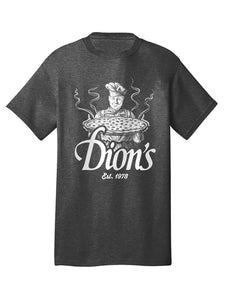 The Pizza Man Tee from Dion's Fan Shop is a vintage gray T-shirt featuring a chef with a steaming pizza, along with "Dion's Est. 1978" in white, capturing both classic style and culinary passion. It's ideal for fans of Dion's Pizza who value premium quality and timeless design.