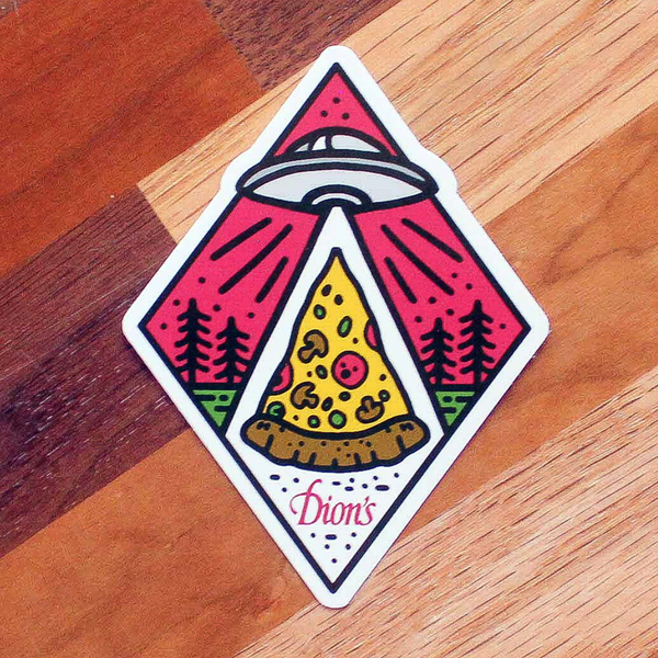 The Roswell Dion's Sticker from Dion's Fan Shop perfectly encapsulates the quirky essence of Roswell, New Mexico, with its whimsical design featuring a UFO beaming up a slice of pizza amidst trees and "Dion's" written at the bottom.