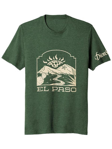 El Paso Tee featuring a graphic of the Franklin Mountains, a river, and the sun, labeled "El Paso" at the bottom. The right sleeve has the text "Dion's Fan Shop.