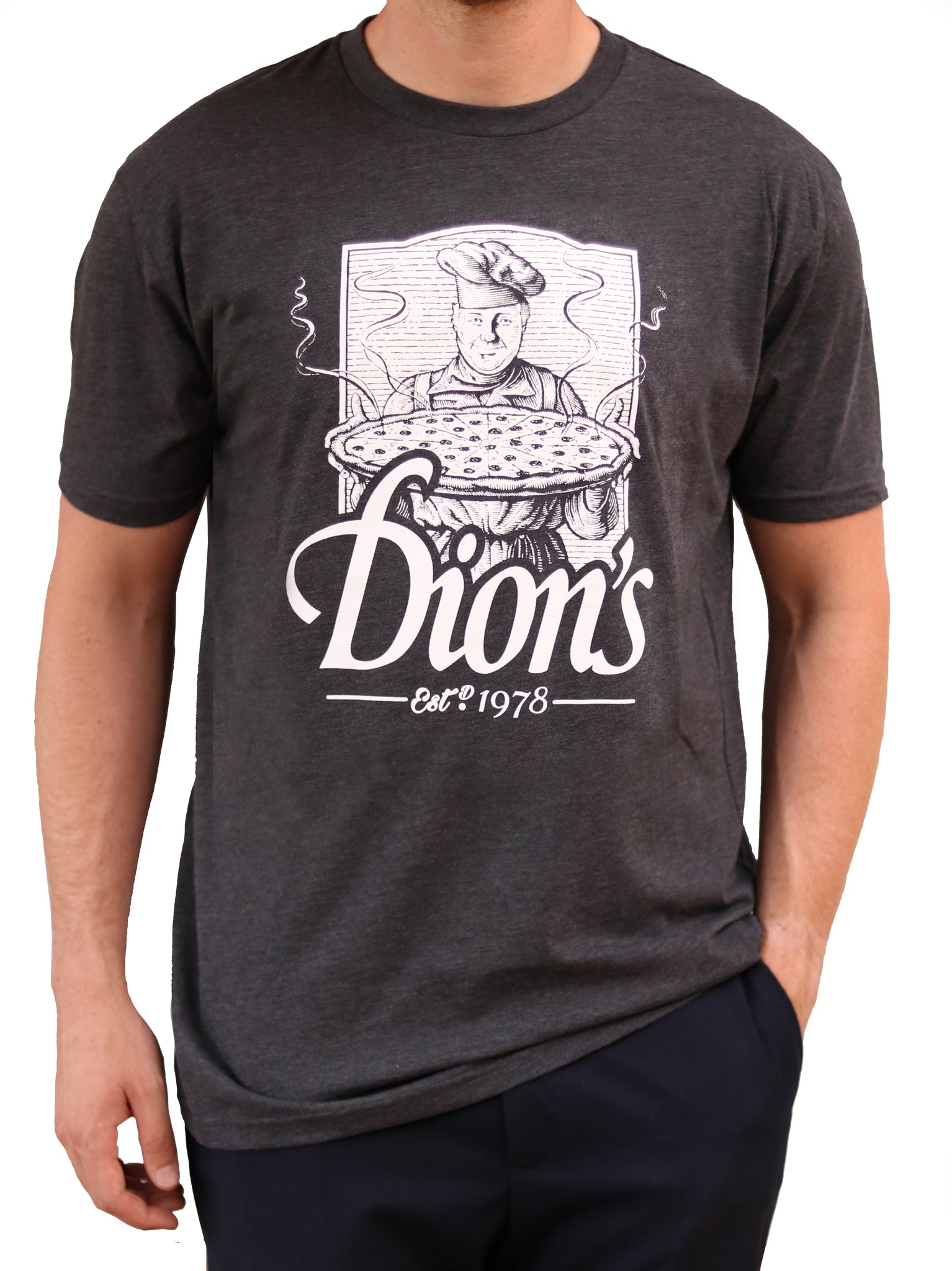 A man wearing a vintage gray Pizza Man Tee that says Dion's Pizza from Dion's Fan Shop.