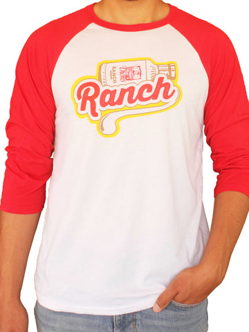 A man wearing a Dion's Fan Shop Ranch Baseball Tee with the word ranch on it.