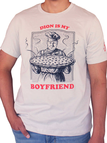 A time conscious man wearing a Dion's Fan Shop t-shirt that says "Dion is My Boyfriend Tee" is proudly displaying his love for his boyfriend.
