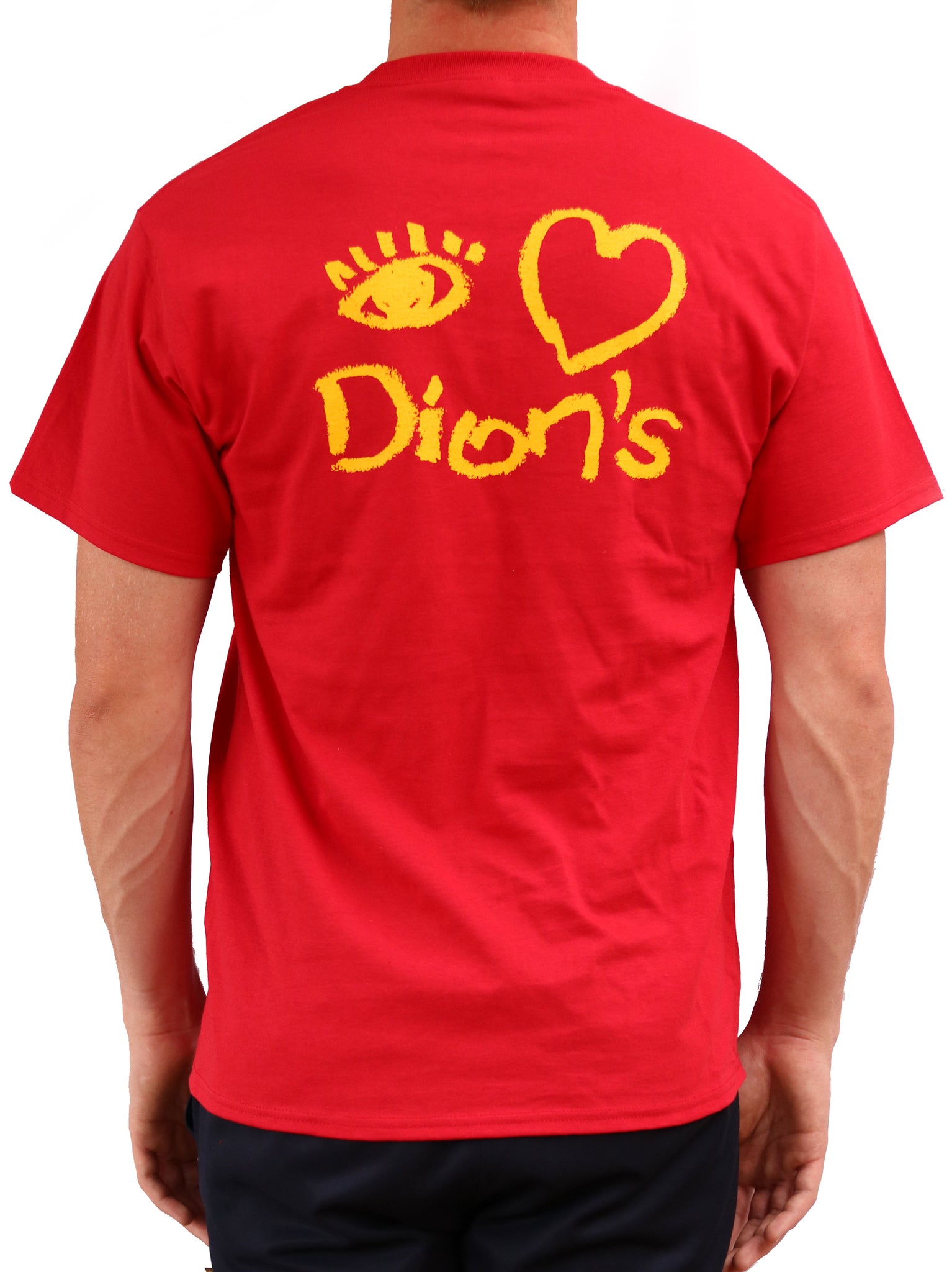The back of a man wearing a red Dion's Fan Shop Tour Tee.